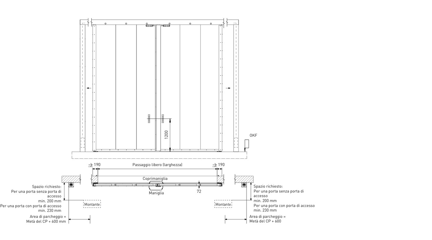Disegno tecnico portone scorrevole grandi luci ITAL SLIDE XL a 2 ante