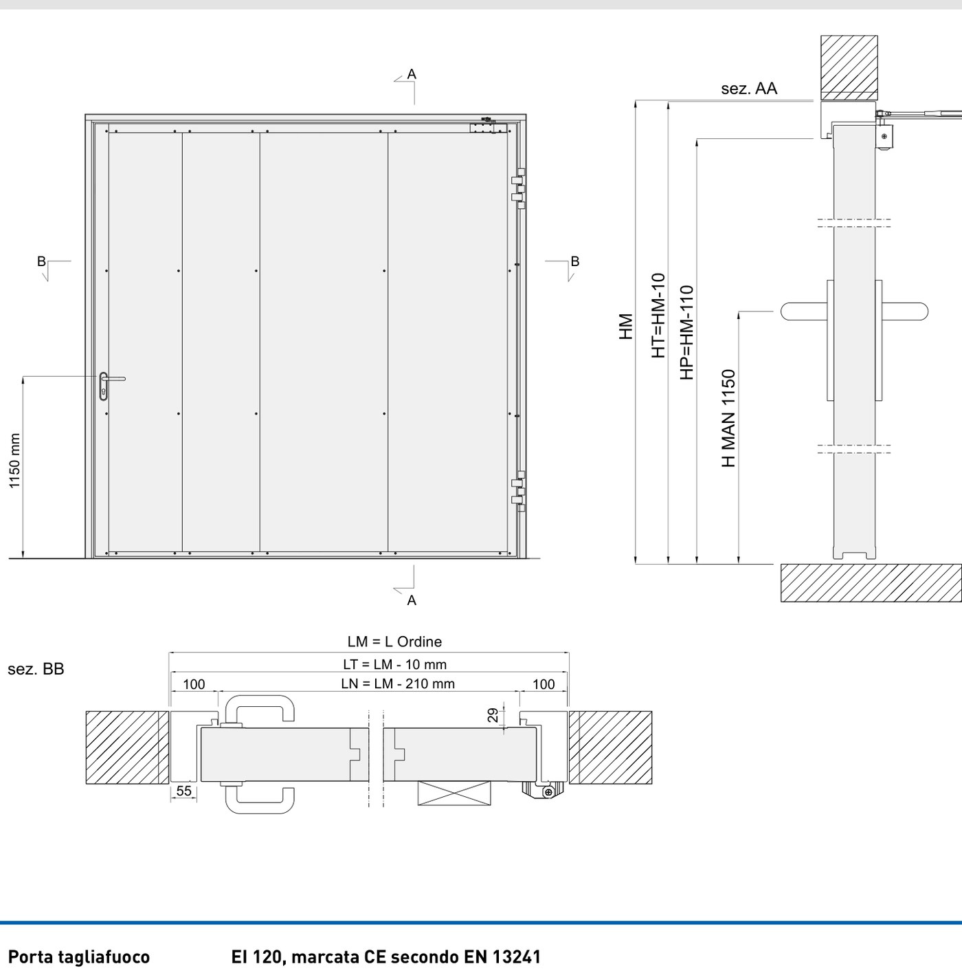 Disegno tecnico portone tagliafuoco a battente ITAL SWING a 1 anta EI 120