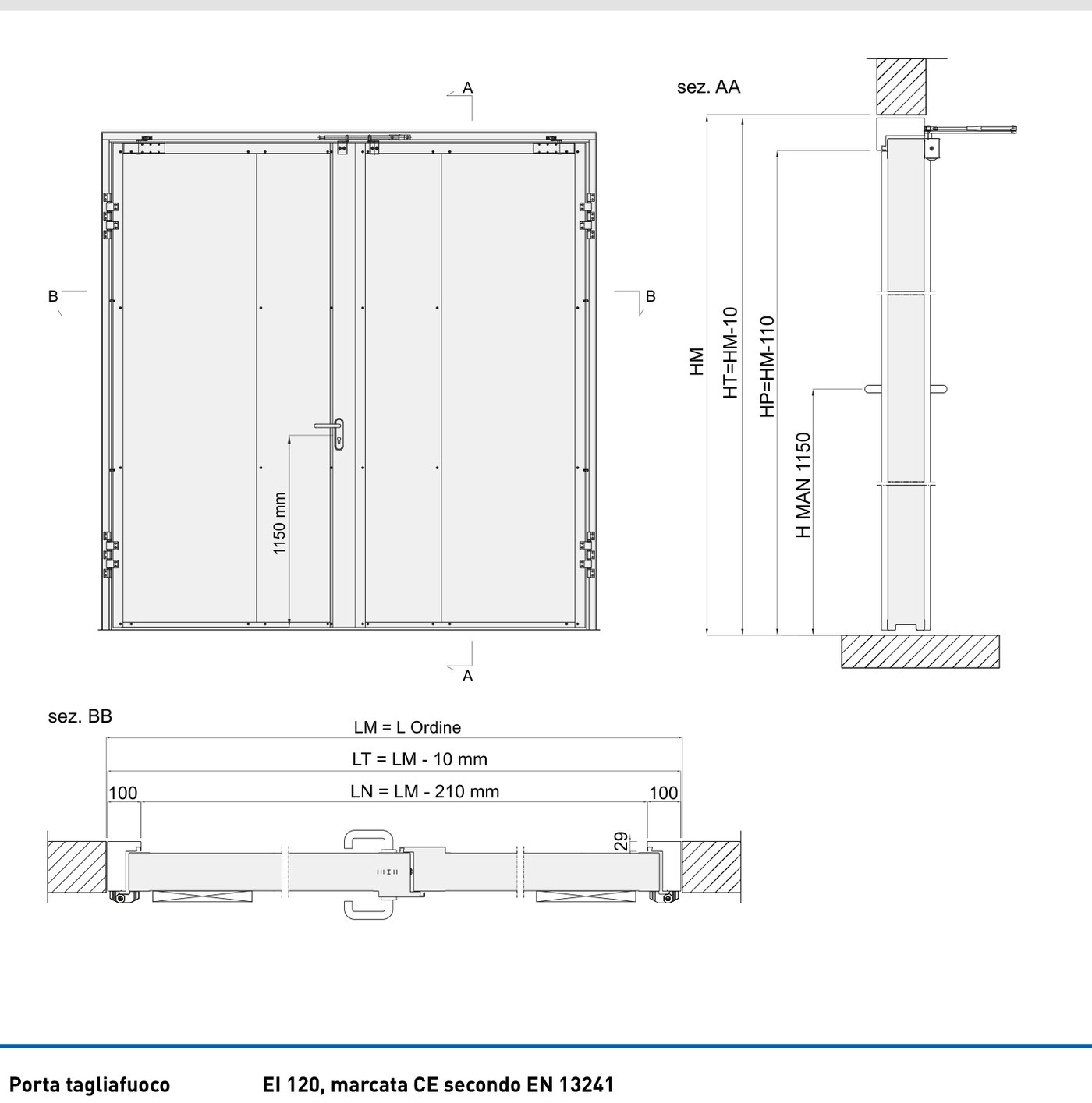 Disegno tecnico portone tagliafuoco a battente ITAL SWING a 2 ante EI 120