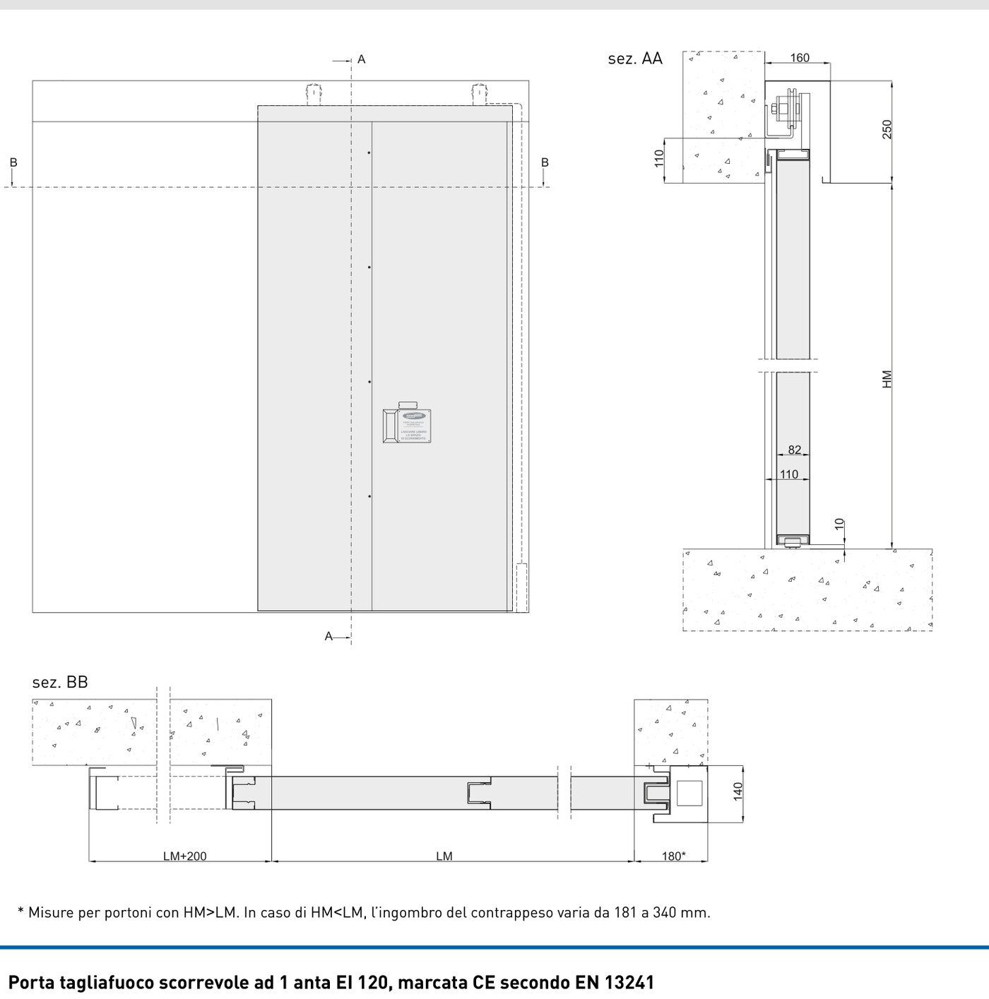 Disegno tecnico portone tagliafuoco scorrevole ITAL SLIDE a 1 anta EI 120